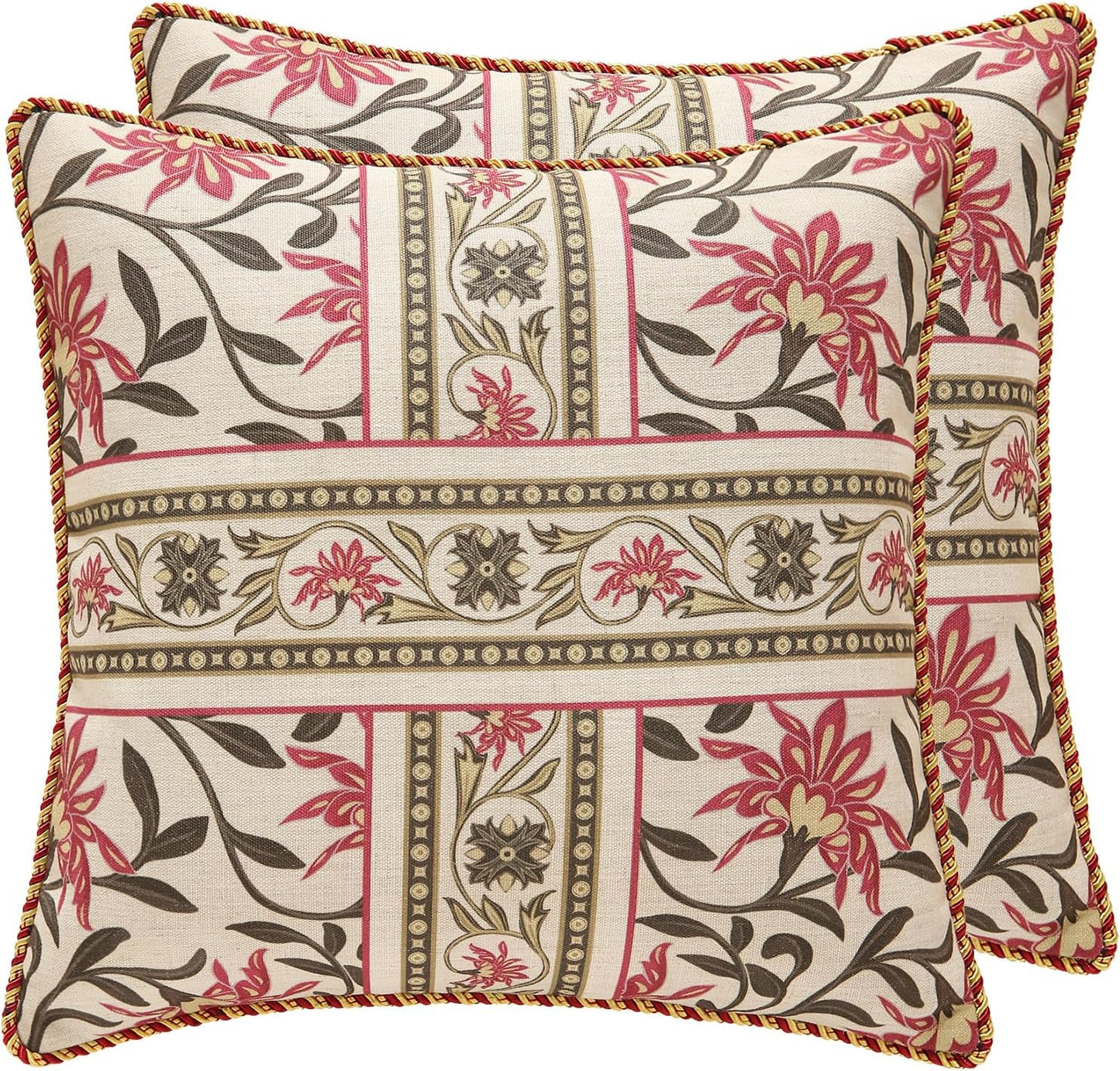 patdrea Designer Pack of 2 Square Throw Pillow Covers,Farmhouse Pink and Yellow Linen with Floral Pattern Pillows Cover,Decorative Pillowcases Cushion for Bed Living Room Outdoor Car,18"x18"
