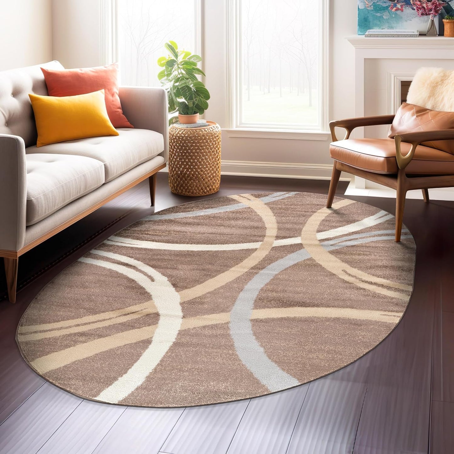 Rugshop Wavy Circles Design Area Rug, Fade-Resistant Carpet for Living Room, Dining Room, or Bedroom, Gray, 5'3" x 7'3"