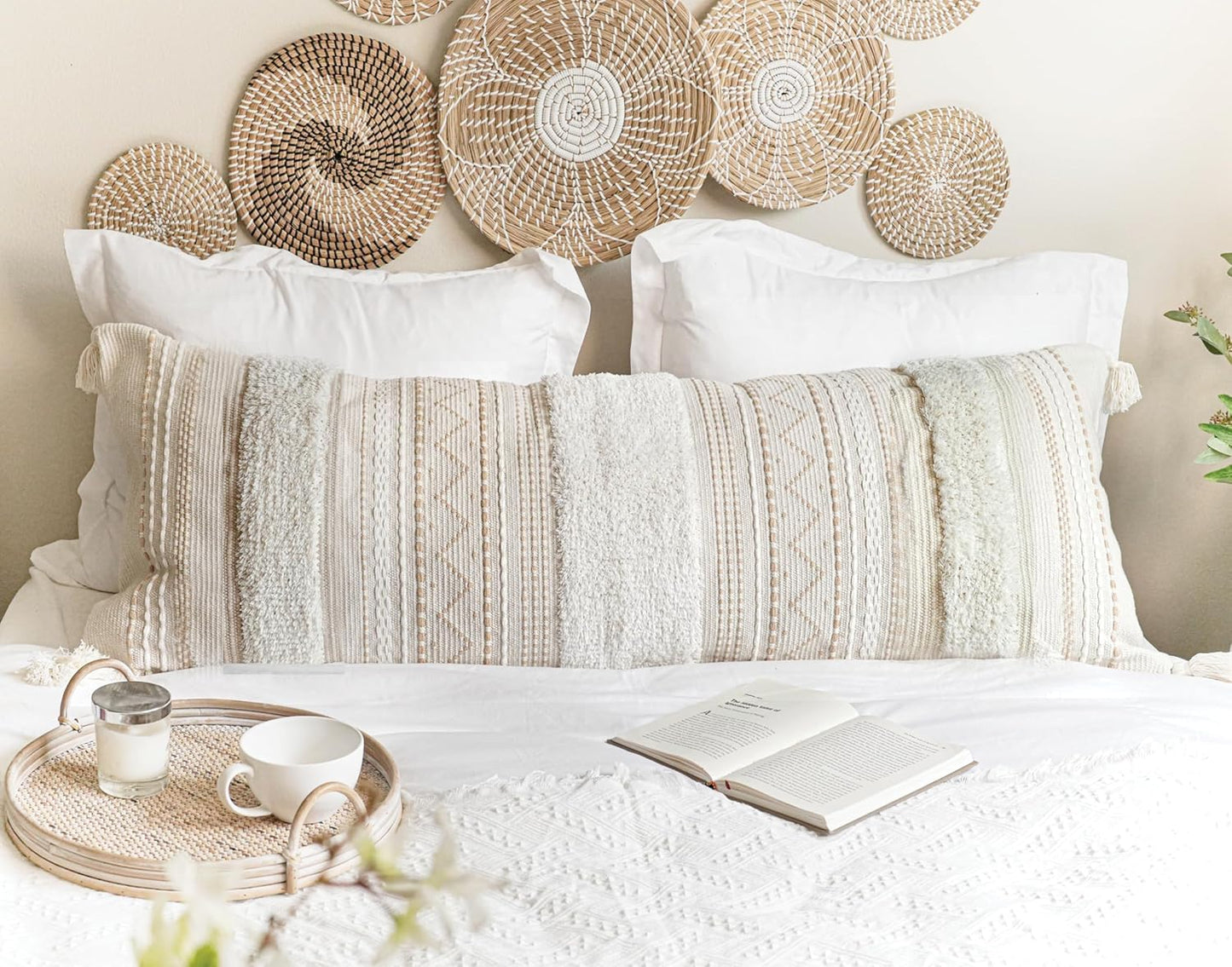 Decorative Throw Pillow Cover 20x20 Square Cream Neutral White Boho Accent Pillowcase Tassels Farmhouse Cushion for Couch Sofa Bedroom Living Room Home Décor (Cover ONLY, Pack of 1)