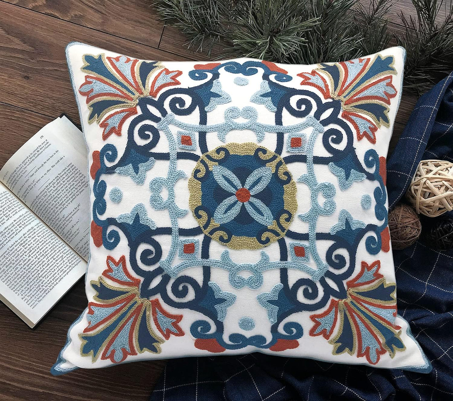 Alysheer Floral Embroidered Fall Decorative Throw Pillow Covers 18"x 18" Set of 2, Farmhouse Daisy Flowers Patterned Canvas Cushion Cases for Couch Bed Living Room Decor