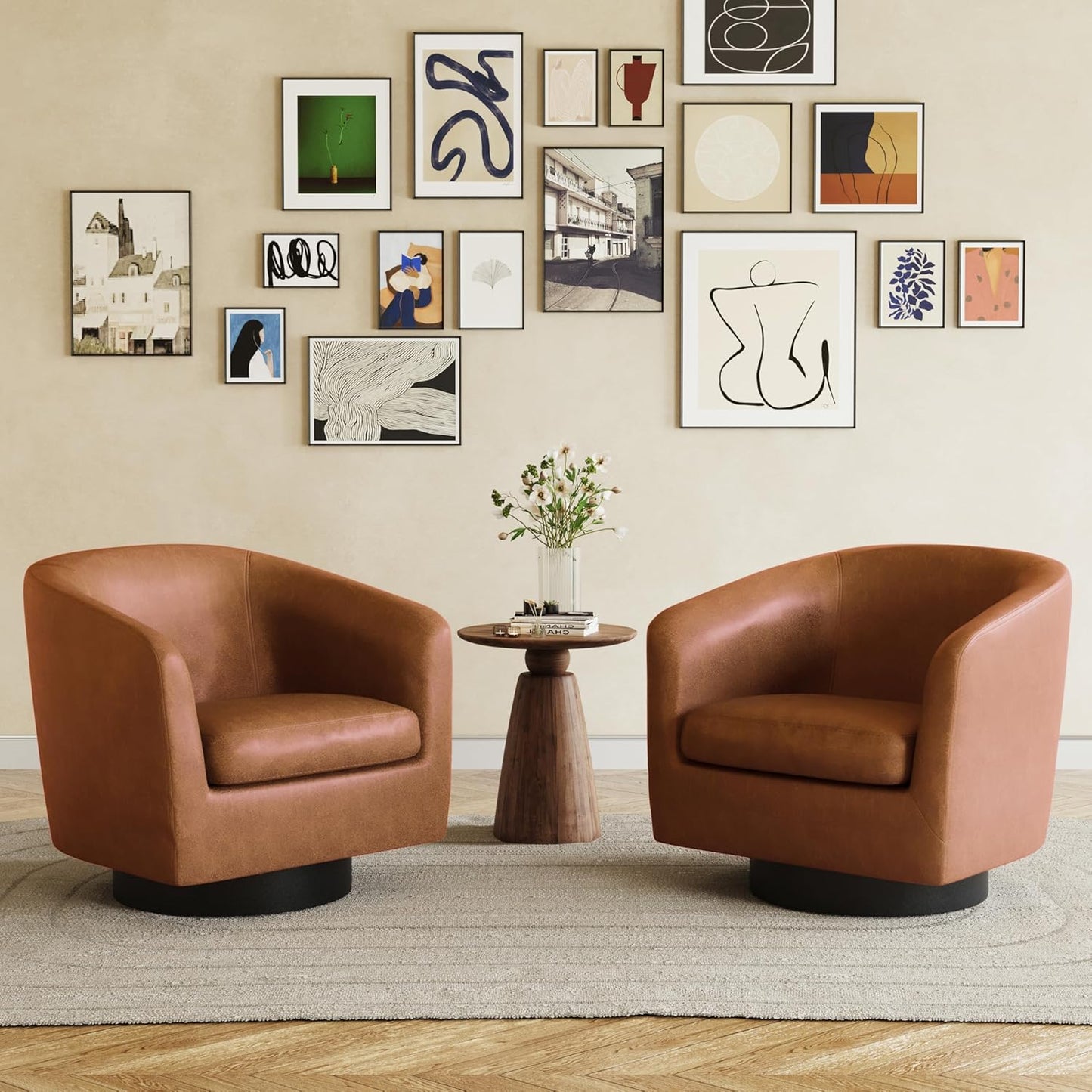 UIXE Swivel Accent Chairs Set of 2, Corduroy Barrel Club Chair Upholstered Armchair for Living Room, Round Arm Chair Bedroom Single Sofa Reading Seat - Camel
