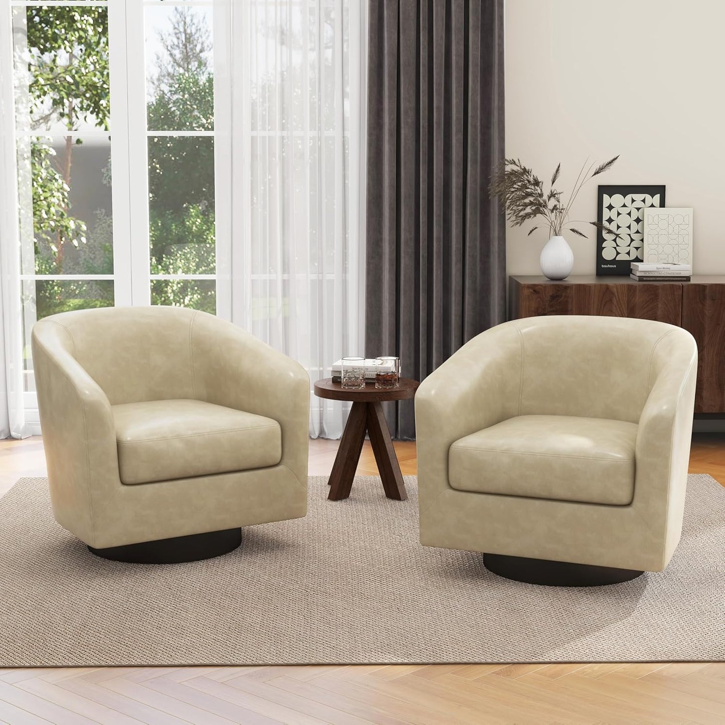 UIXE Swivel Accent Chairs Set of 2, Corduroy Barrel Club Chair Upholstered Armchair for Living Room, Round Arm Chair Bedroom Single Sofa Reading Seat - Camel
