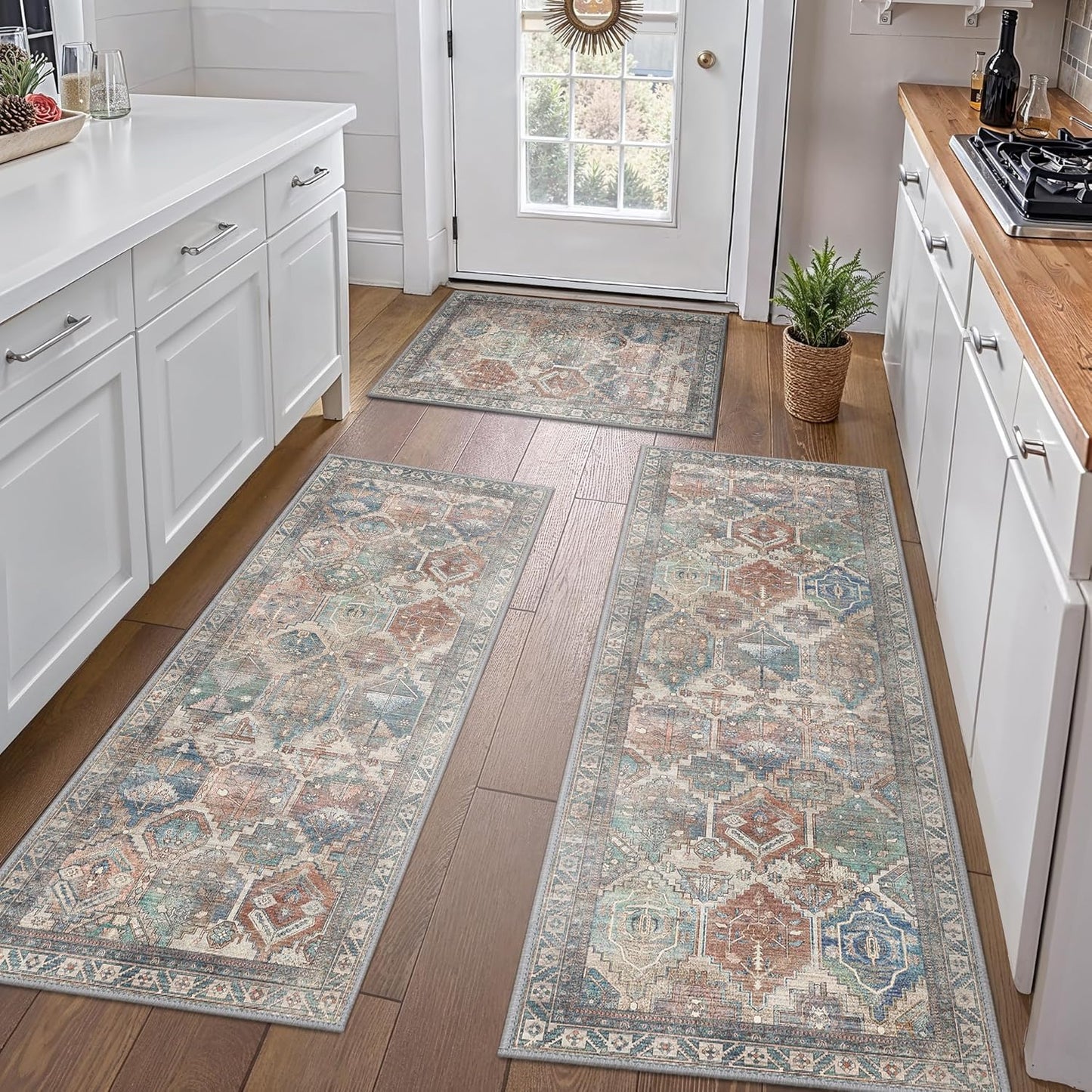 GENIMO Kitchen Mats for Floor Set of 3 Non-Slip Washable, Waterproof Lightweight Kitchen Rugs, Kitchen Floor Mat Runner Rug Carpet for Laundry, Sink, Hallway, Bathroom, Entryway, Brown Green