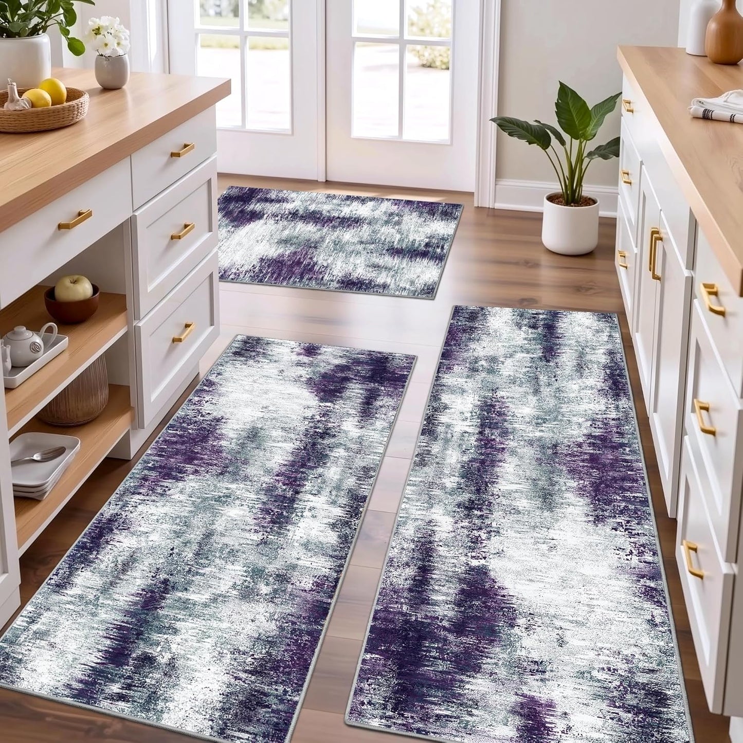 Tritard 100% Non Slip Kitchen Rugs Sets of 3 Washable Kitchen Mats for Floor Abstract Kitchen Runner Rug Soft Thick Floor Mat Set Kitchen Carpet Rugs for Hallway, Laundry, Entryway, Office, Grey