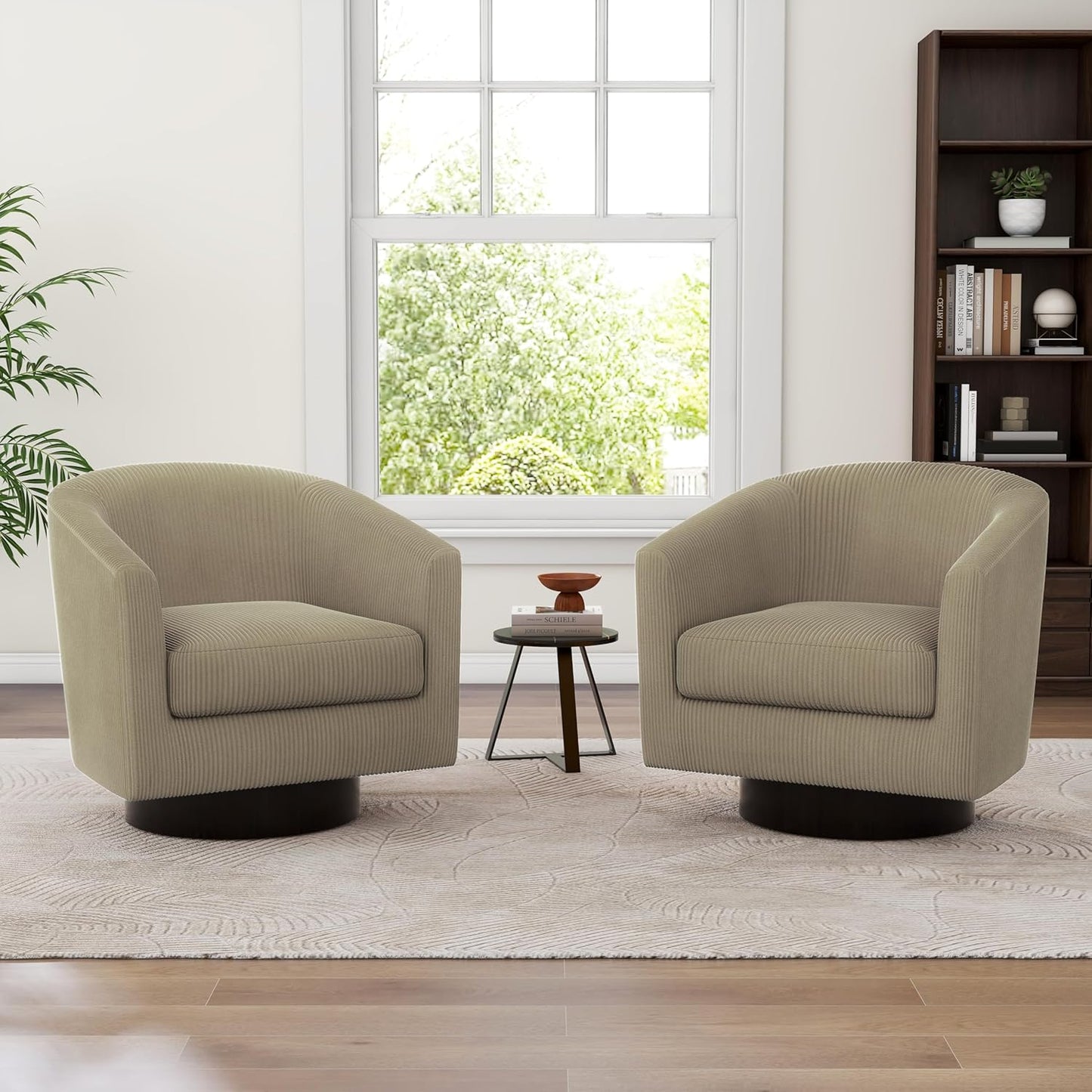UIXE Swivel Accent Chairs Set of 2, Corduroy Barrel Club Chair Upholstered Armchair for Living Room, Round Arm Chair Bedroom Single Sofa Reading Seat - Camel