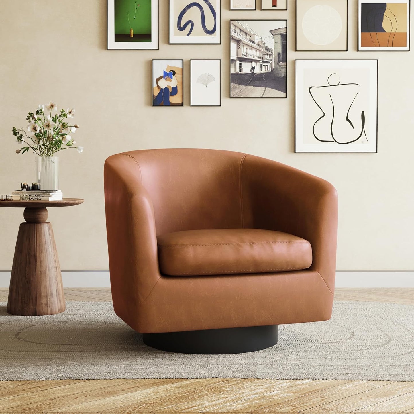 UIXE Swivel Accent Chairs Set of 2, Corduroy Barrel Club Chair Upholstered Armchair for Living Room, Round Arm Chair Bedroom Single Sofa Reading Seat - Camel