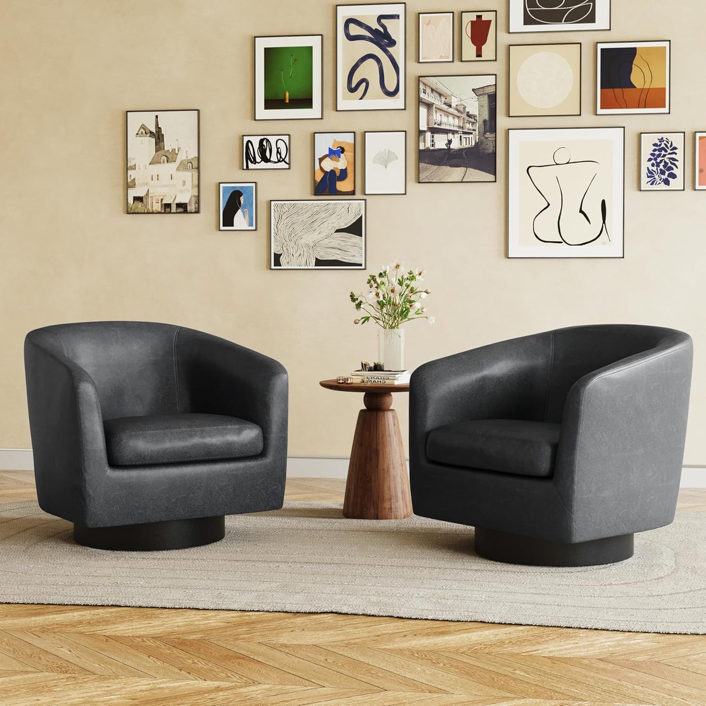 UIXE Swivel Accent Chairs Set of 2, Corduroy Barrel Club Chair Upholstered Armchair for Living Room, Round Arm Chair Bedroom Single Sofa Reading Seat - Camel