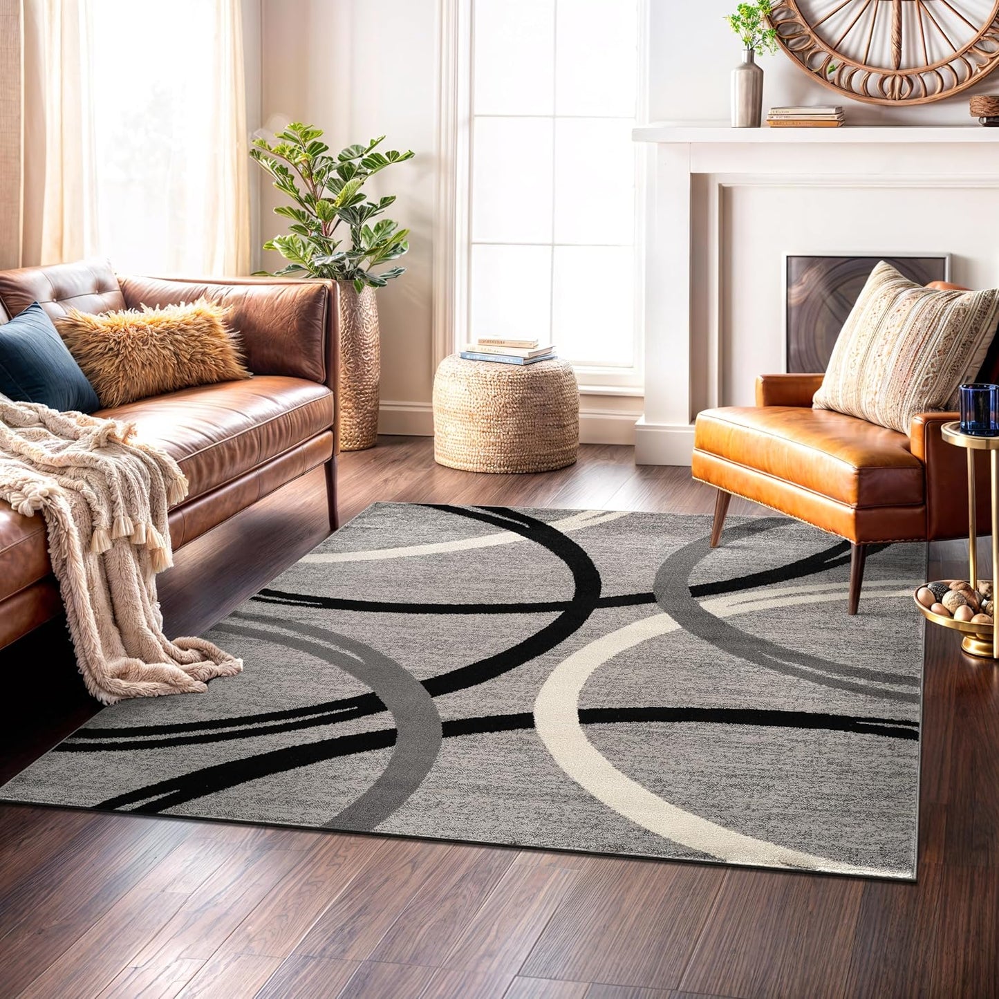 Rugshop Wavy Circles Design Area Rug, Fade-Resistant Carpet for Living Room, Dining Room, or Bedroom, Gray, 5'3" x 7'3"