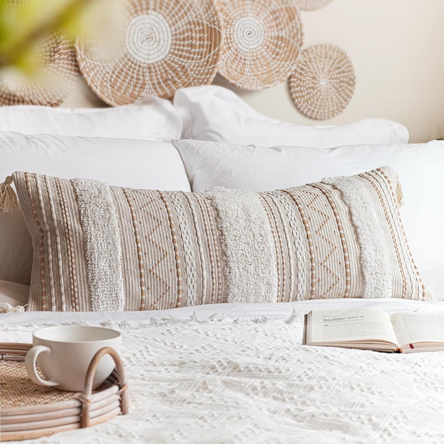 Decorative Throw Pillow Cover 20x20 Square Cream Neutral White Boho Accent Pillowcase Tassels Farmhouse Cushion for Couch Sofa Bedroom Living Room Home Décor (Cover ONLY, Pack of 1)