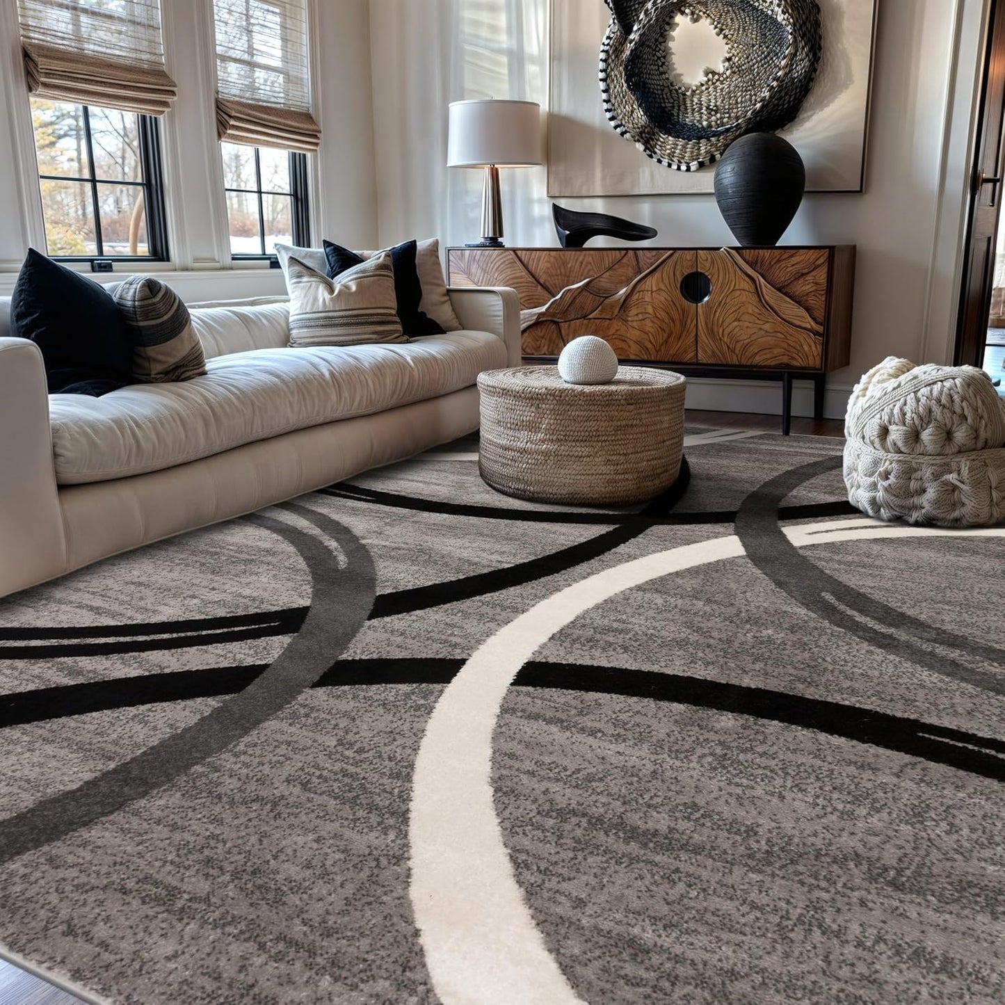 Rugshop Wavy Circles Design Area Rug, Fade-Resistant Carpet for Living Room, Dining Room, or Bedroom, Gray, 5'3" x 7'3"