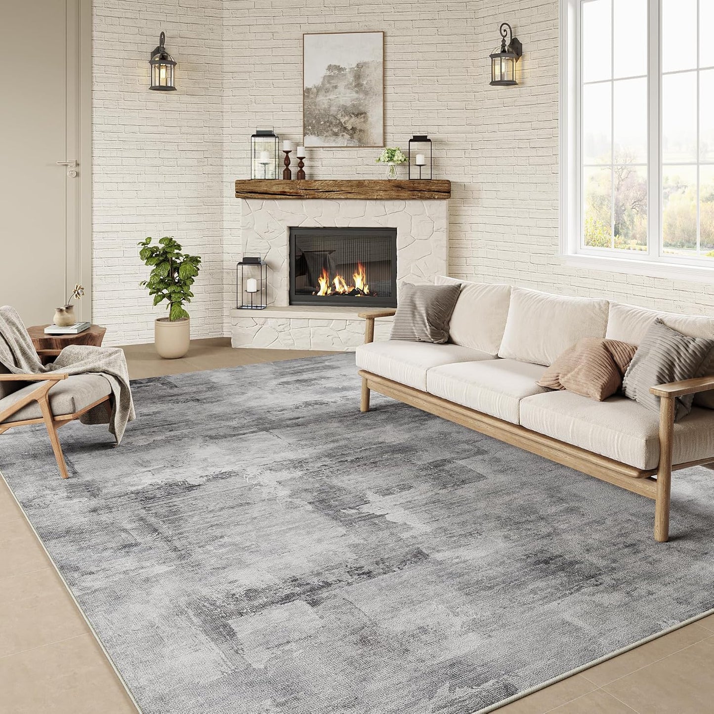 5x7 Washable Area Rug Grey Abstract Modern Living Room Bedroom Throw Rug Non Slip Soft Thin Simple Indoor Floor Carpet for Office Entryway Kitchen Nursery Home Decor