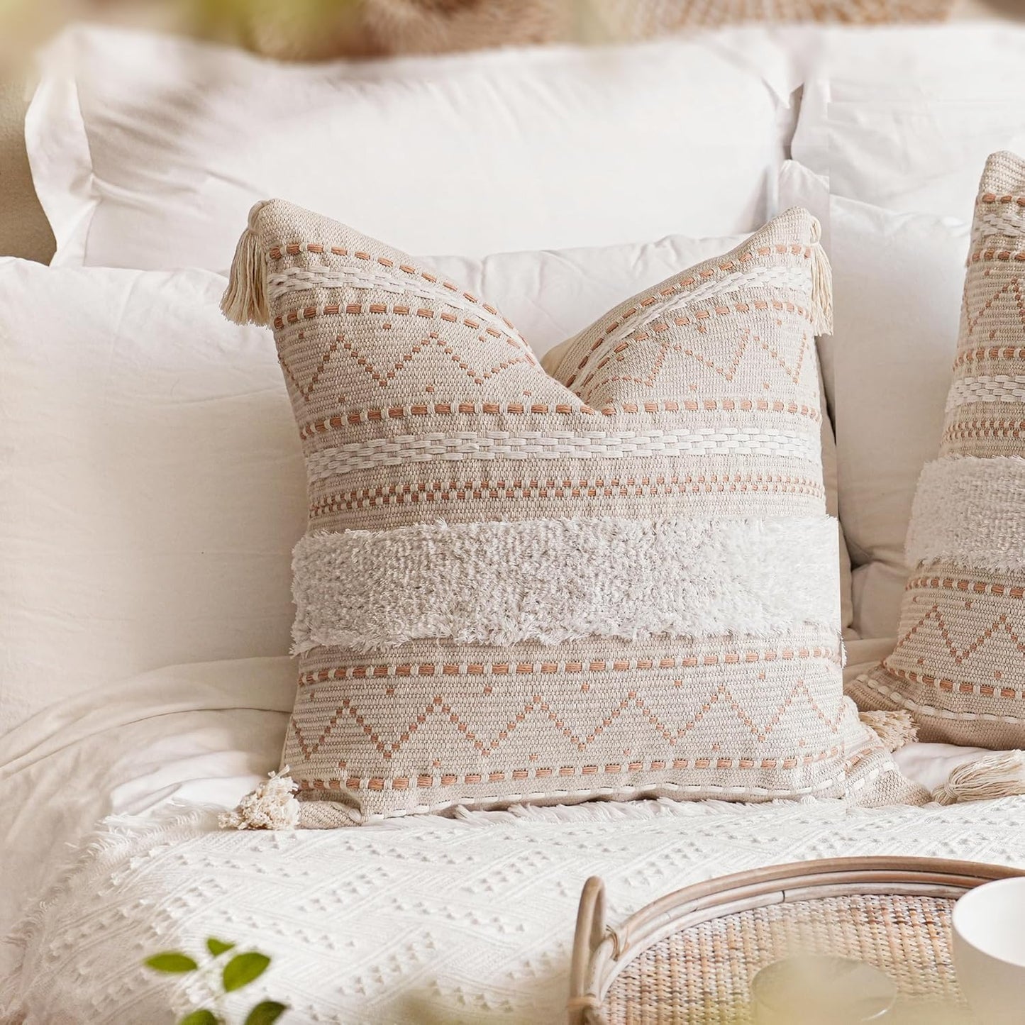 Decorative Throw Pillow Cover 20x20 Square Cream Neutral White Boho Accent Pillowcase Tassels Farmhouse Cushion for Couch Sofa Bedroom Living Room Home Décor (Cover ONLY, Pack of 1)