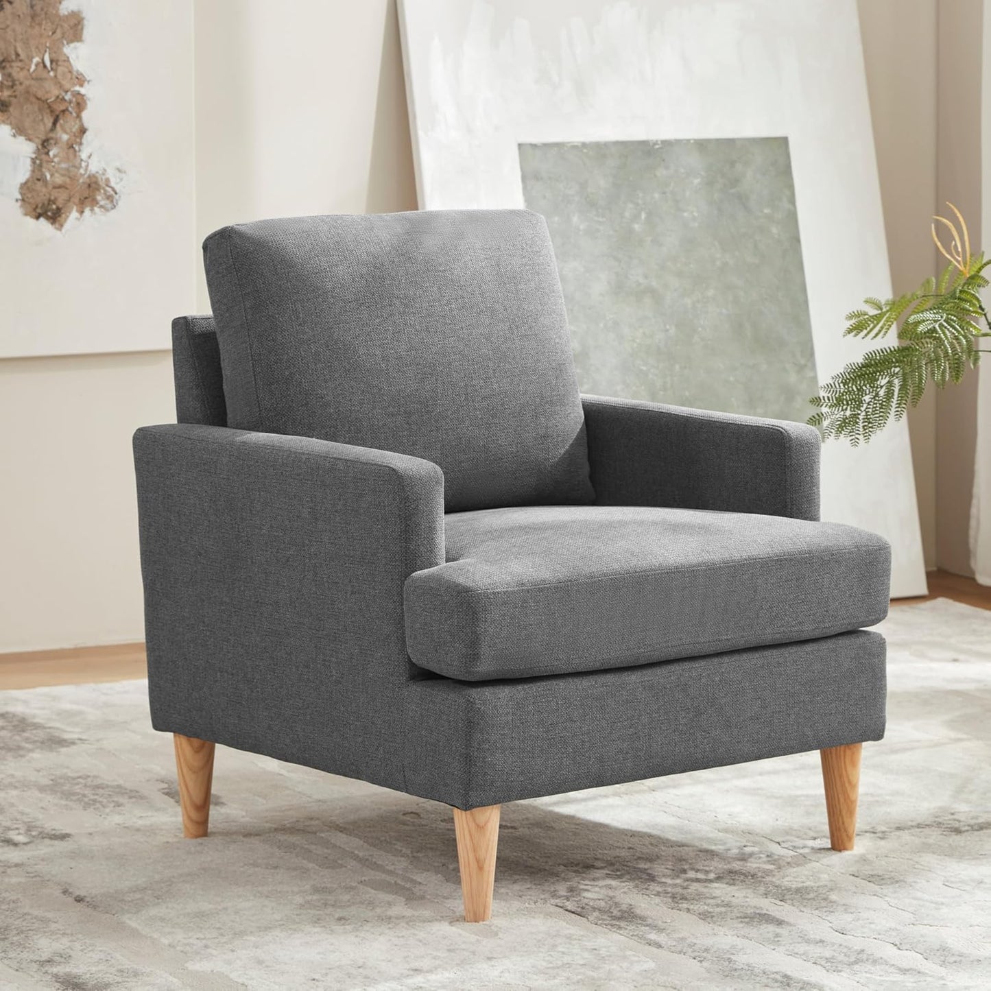 VKNOW Mid-Century Accent Chair, Modern Upholstered Chenille Armchair for Living Room,Comfy Reading Accent Chairs with Wood Legs for Bedroom, Beige