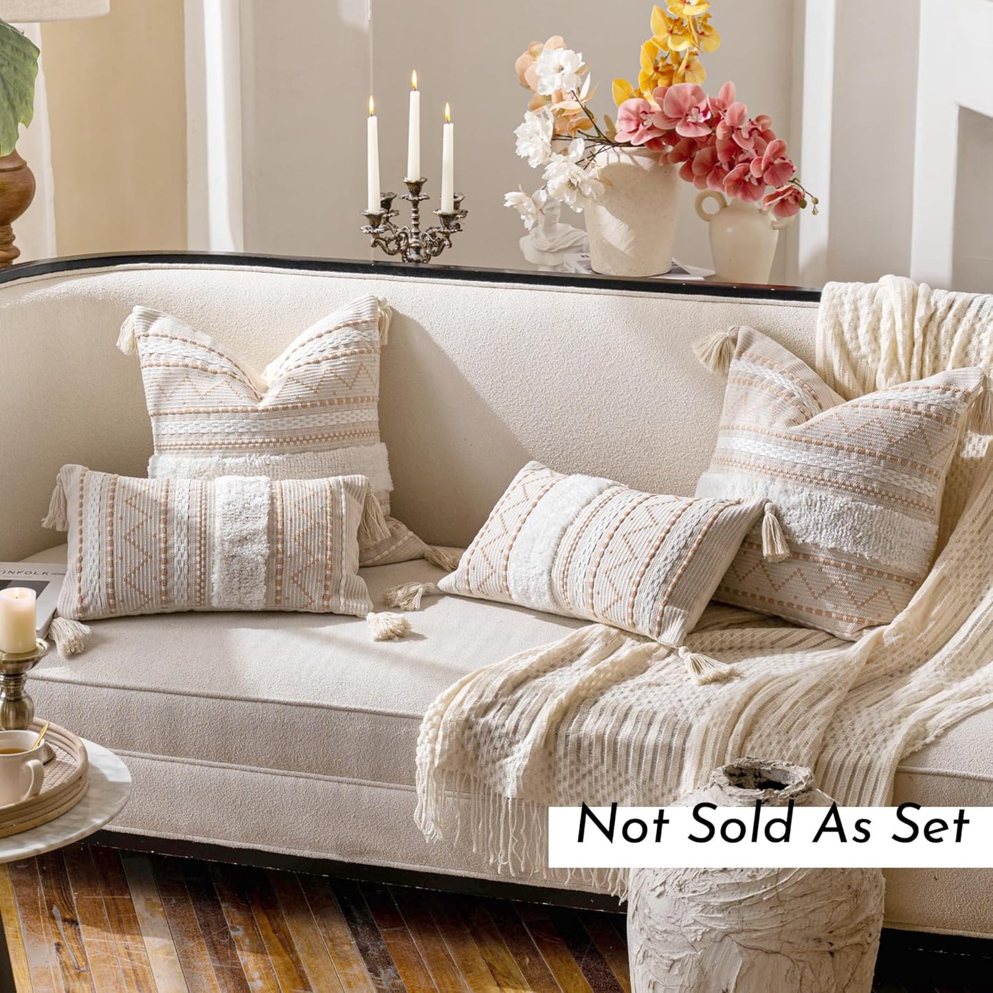 Decorative Throw Pillow Cover 20x20 Square Cream Neutral White Boho Accent Pillowcase Tassels Farmhouse Cushion for Couch Sofa Bedroom Living Room Home Décor (Cover ONLY, Pack of 1)
