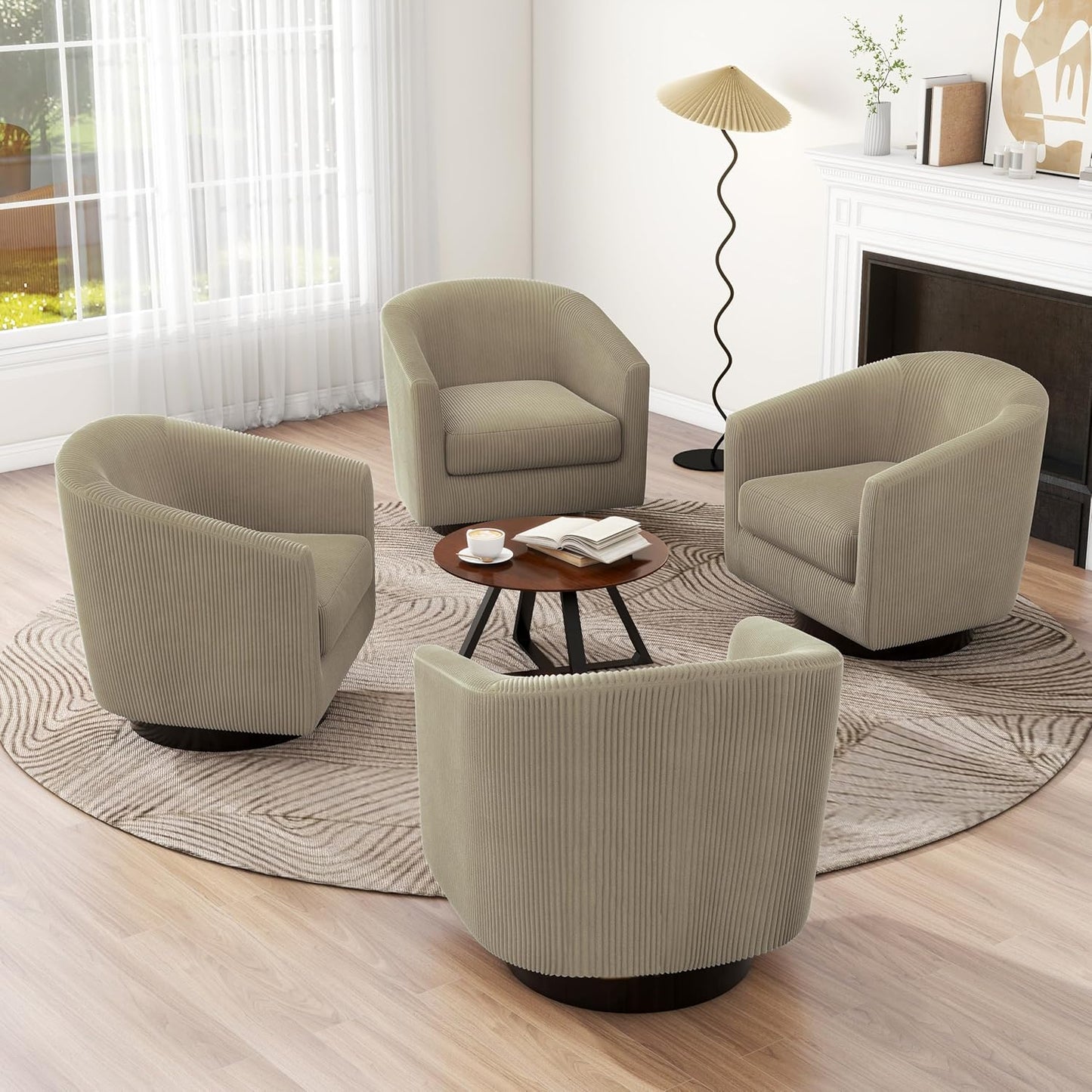 UIXE Swivel Accent Chairs Set of 2, Corduroy Barrel Club Chair Upholstered Armchair for Living Room, Round Arm Chair Bedroom Single Sofa Reading Seat - Camel