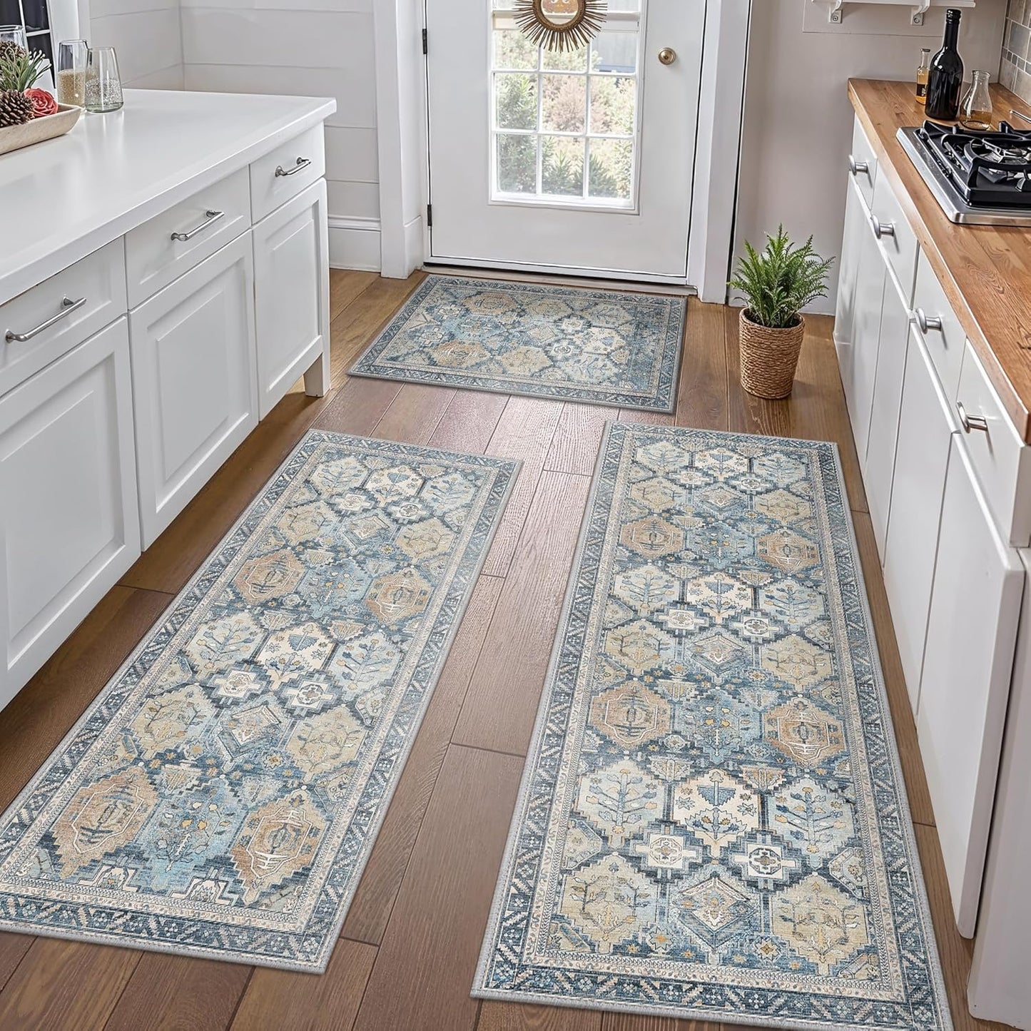 GENIMO Kitchen Mats for Floor Set of 3 Non-Slip Washable, Waterproof Lightweight Kitchen Rugs, Kitchen Floor Mat Runner Rug Carpet for Laundry, Sink, Hallway, Bathroom, Entryway, Brown Green