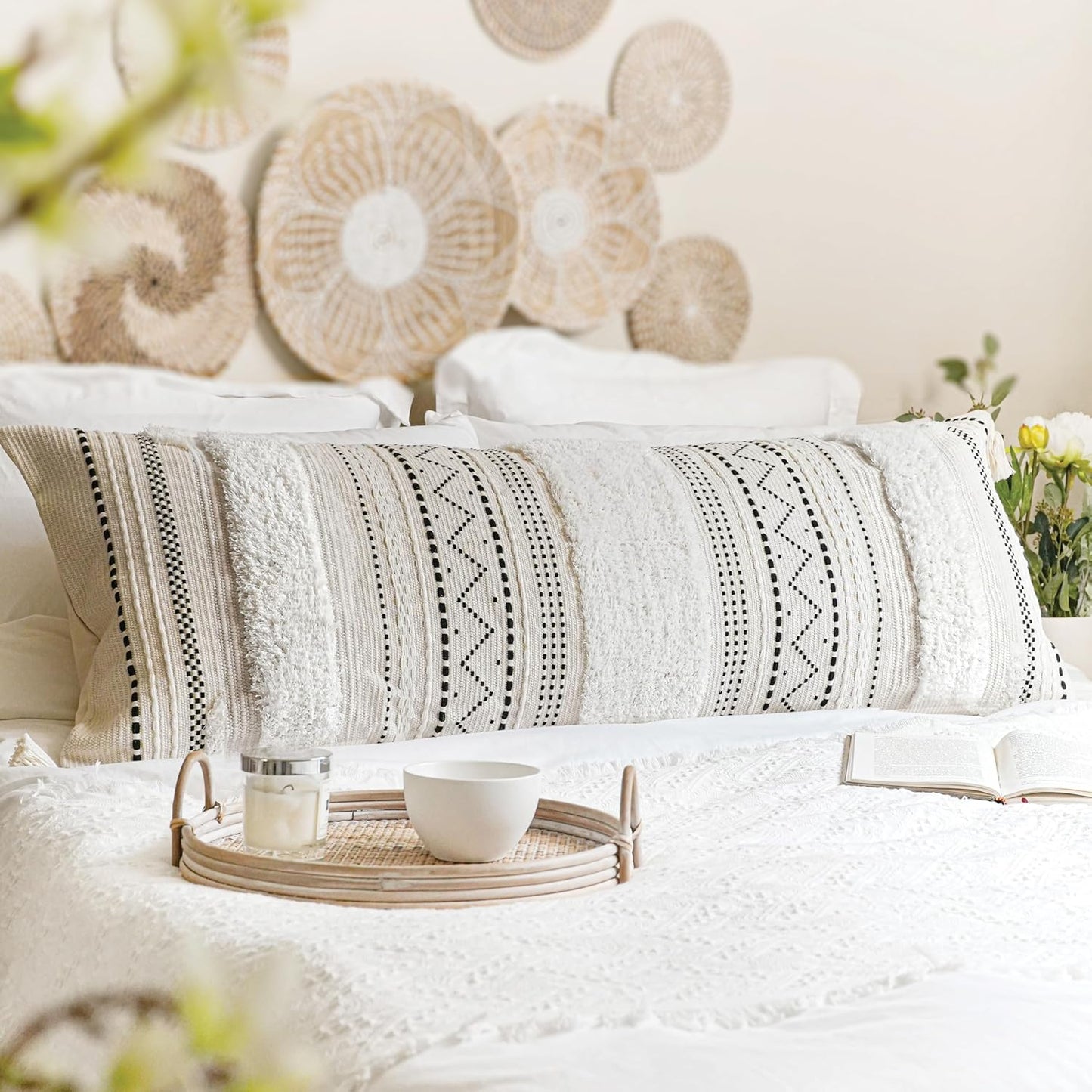 Decorative Throw Pillow Cover 20x20 Square Cream Neutral White Boho Accent Pillowcase Tassels Farmhouse Cushion for Couch Sofa Bedroom Living Room Home Décor (Cover ONLY, Pack of 1)