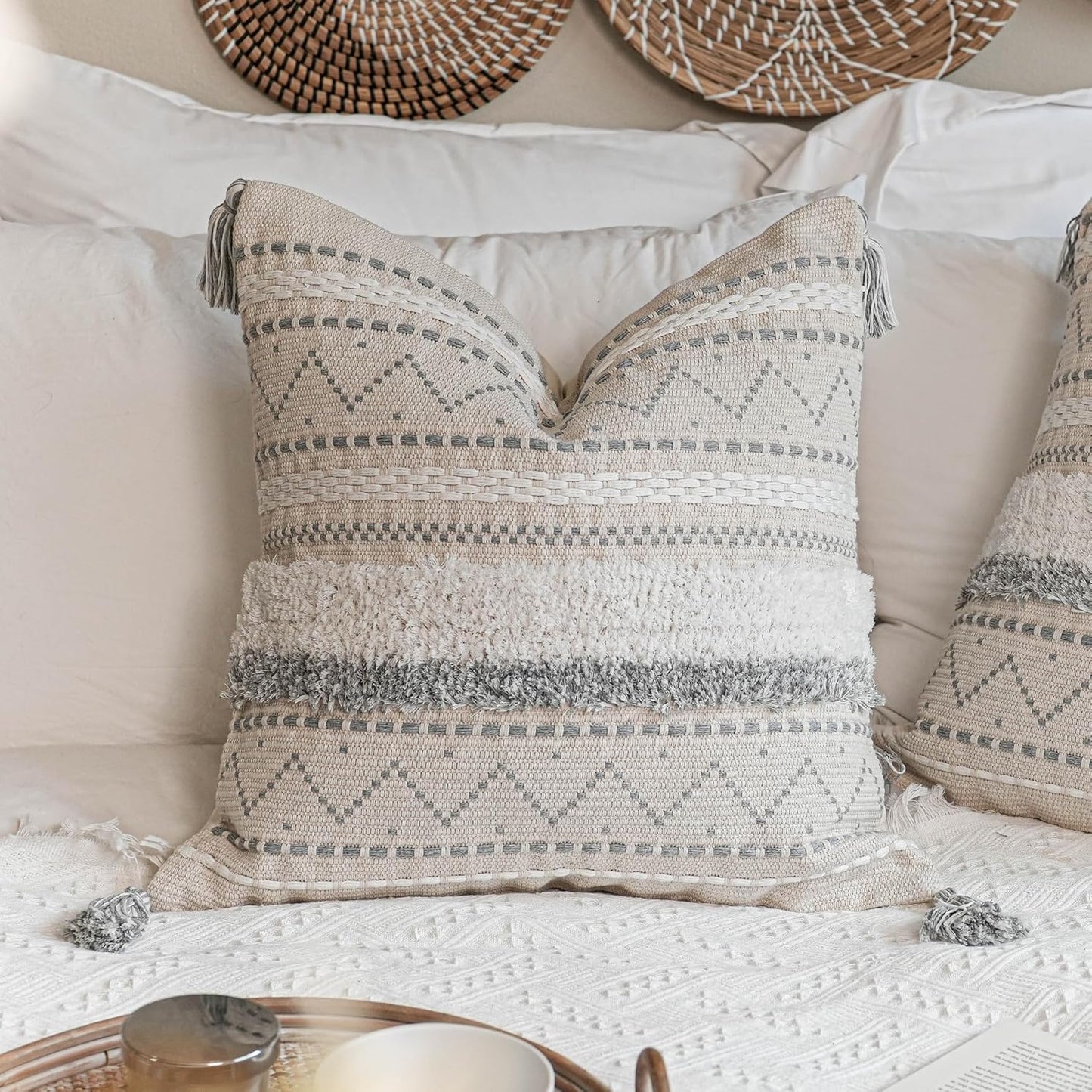 Decorative Throw Pillow Cover 20x20 Square Cream Neutral White Boho Accent Pillowcase Tassels Farmhouse Cushion for Couch Sofa Bedroom Living Room Home Décor (Cover ONLY, Pack of 1)