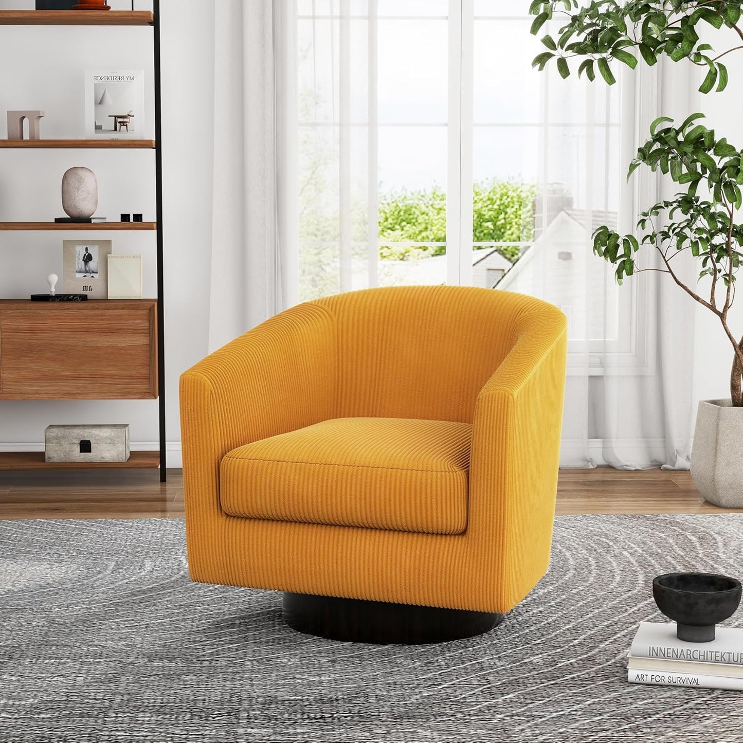 UIXE Swivel Accent Chairs Set of 2, Corduroy Barrel Club Chair Upholstered Armchair for Living Room, Round Arm Chair Bedroom Single Sofa Reading Seat - Camel