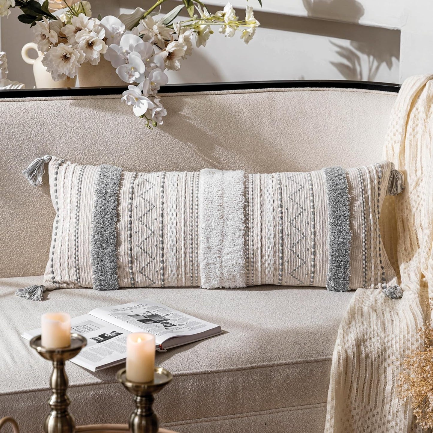 Decorative Throw Pillow Cover 20x20 Square Cream Neutral White Boho Accent Pillowcase Tassels Farmhouse Cushion for Couch Sofa Bedroom Living Room Home Décor (Cover ONLY, Pack of 1)