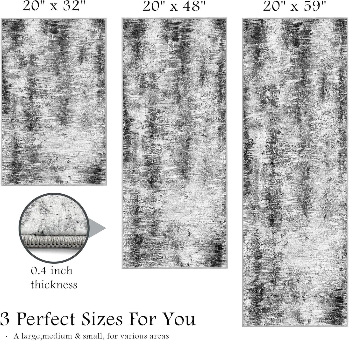 Tritard 100% Non Slip Kitchen Rugs Sets of 3 Washable Kitchen Mats for Floor Abstract Kitchen Runner Rug Soft Thick Floor Mat Set Kitchen Carpet Rugs for Hallway, Laundry, Entryway, Office, Grey