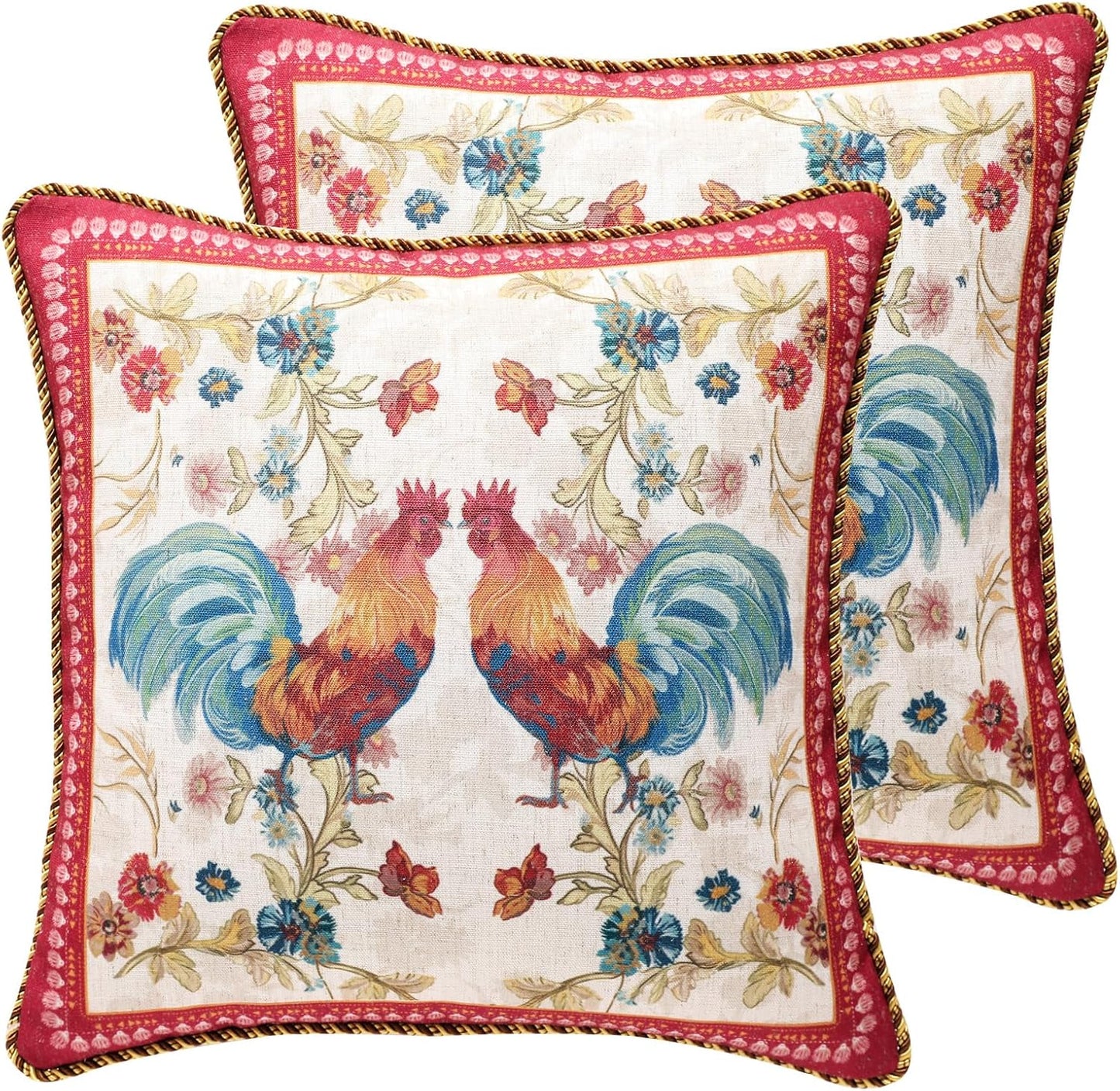 patdrea Designer Pack of 2 Square Throw Pillow Covers,Farmhouse Pink and Yellow Linen with Floral Pattern Pillows Cover,Decorative Pillowcases Cushion for Bed Living Room Outdoor Car,18"x18"
