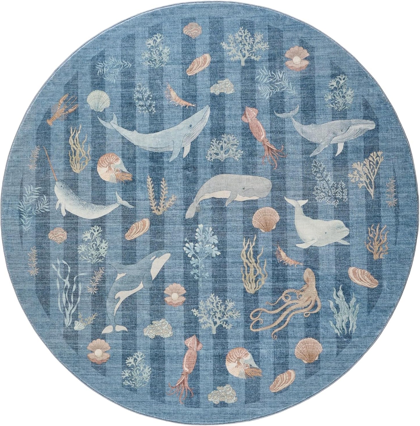 Soft Marine Animal Washable Faux Wool Stain Resistant Rug Rubber Non-Slip Backing for Playroom Bathroom Living Room Bedroom Bedside Beachy Cute Coastal Nautical Nursery Rug (Blue Multi, 5' x 7')