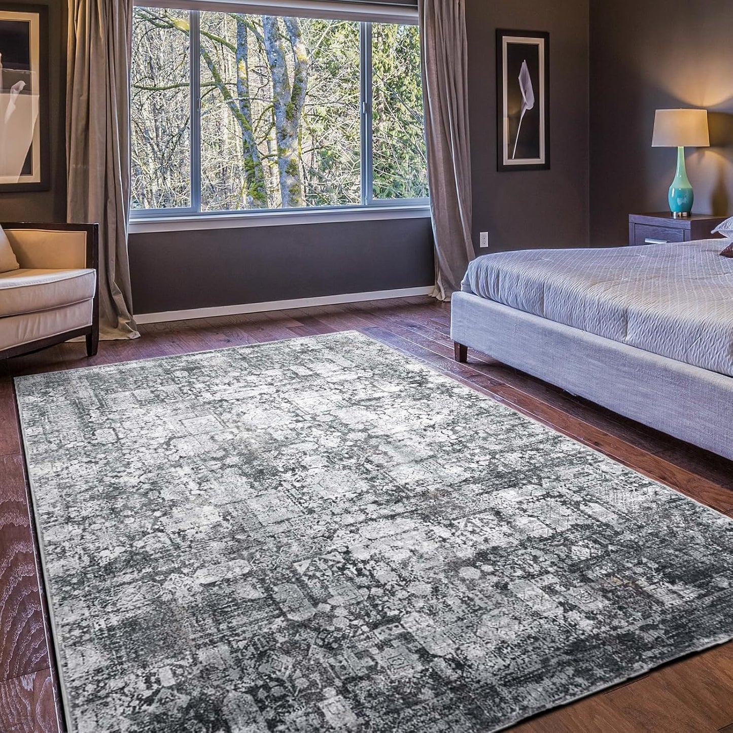 Area Rug 5×7, Vintage Boho Rug,Ultra-Soft Low Pile, Washable, Non Slip,Stain Resistant Printed Carpet for Living Room Bedrooms Playroom Office Kitchen, Light Blue