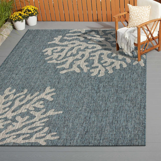 LR Home 5x7 Indoor/Outdoor Area Rug for Home Decor | Coastal Reef Carpet for Living Room, Bedroom, Playroom, Patio, Garden | Modern Farmhouse Rug | Blue/Gray