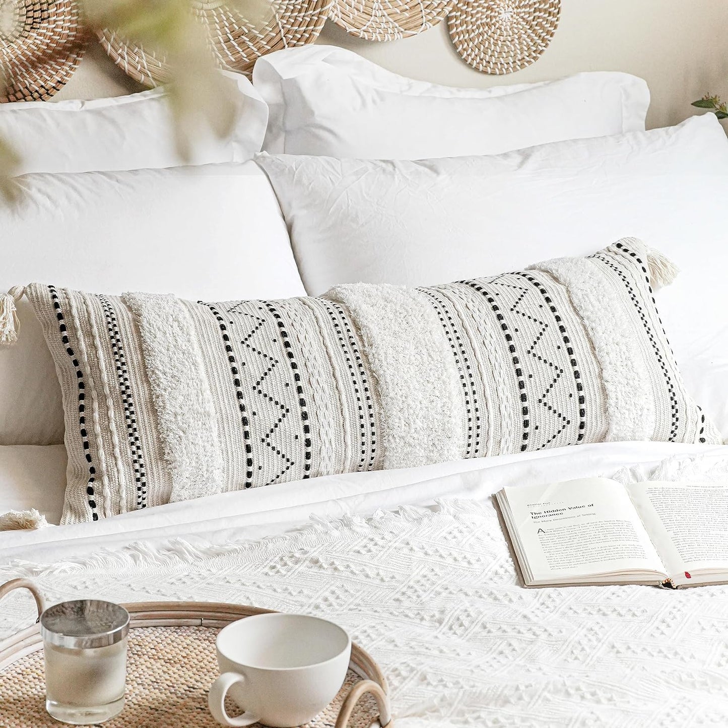 Decorative Throw Pillow Cover 20x20 Square Cream Neutral White Boho Accent Pillowcase Tassels Farmhouse Cushion for Couch Sofa Bedroom Living Room Home Décor (Cover ONLY, Pack of 1)