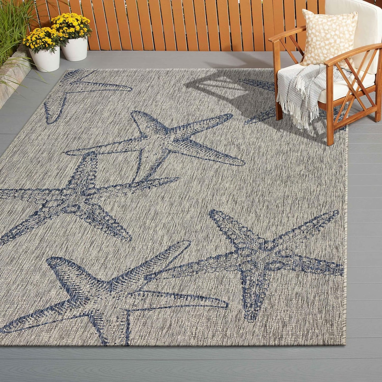 LR Home 5x7 Indoor/Outdoor Area Rug for Home Decor | Coastal Reef Carpet for Living Room, Bedroom, Playroom, Patio, Garden | Modern Farmhouse Rug | Blue/Gray