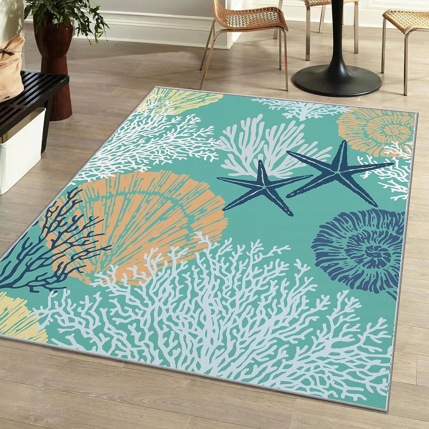 Tritard Coastal Area Rugs Nautical Beach Themed Non-Slip Machine Washable Rugs Modern Floor Carpet for Living Room Bedroom, 4x6, Blue