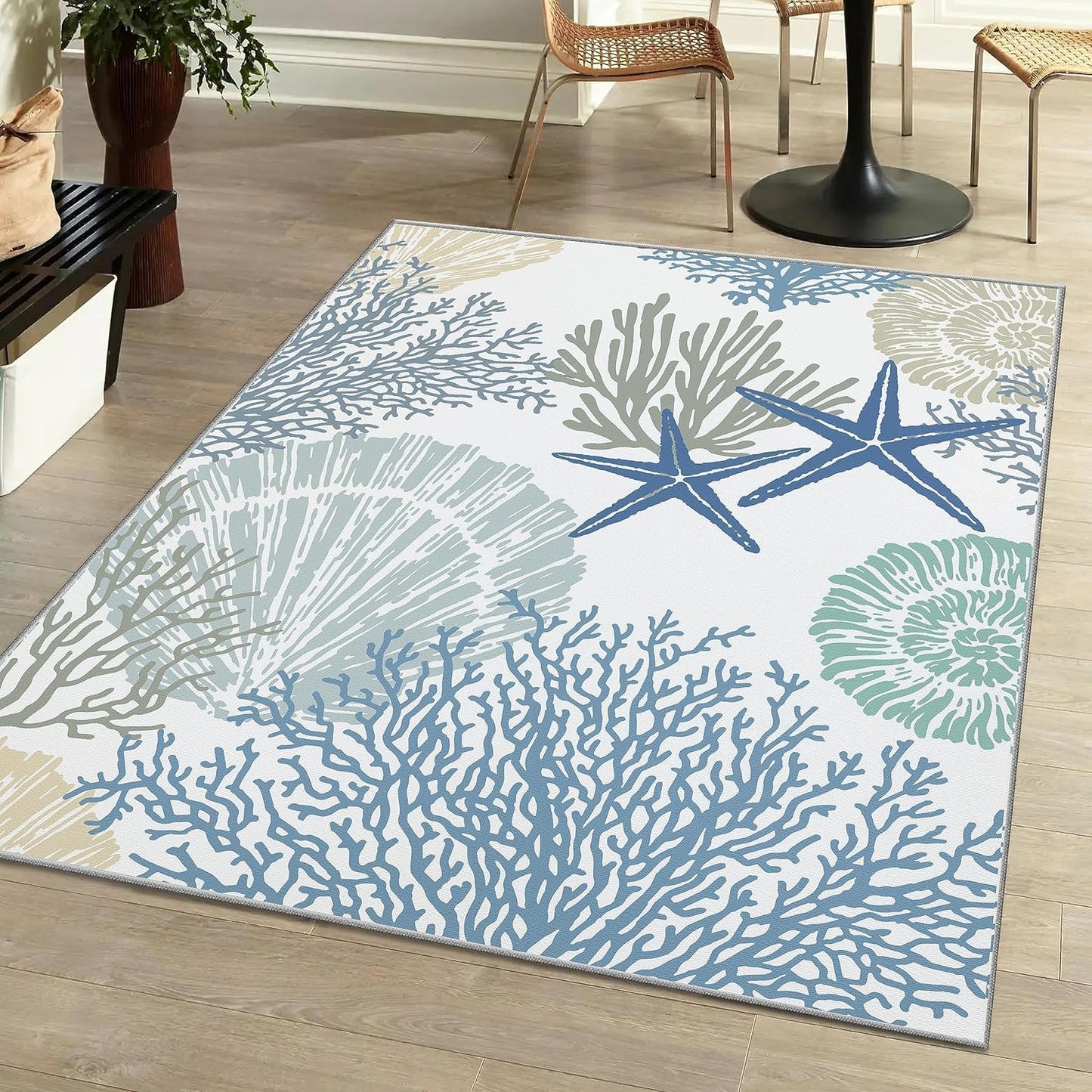 Tritard Coastal Area Rugs Nautical Beach Themed Non-Slip Machine Washable Rugs Modern Floor Carpet for Living Room Bedroom, 4x6, Blue